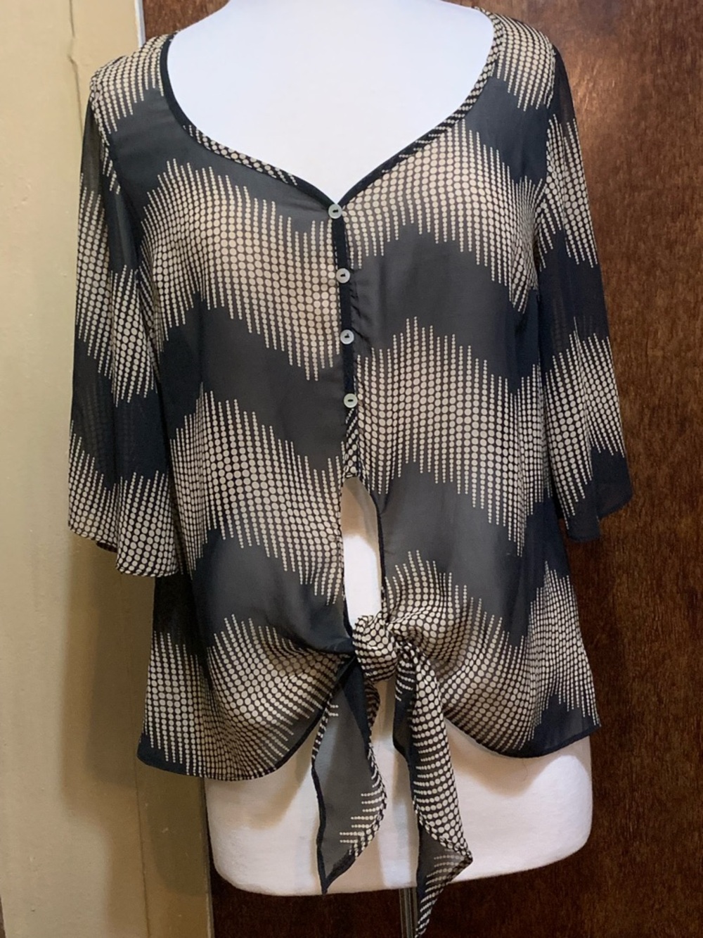 Tie-Hem Button Front Blouse in Black and Cream